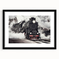 Abstract art print of a colorful train, featuring vibrant primary colors on a textured, extra large canvas.