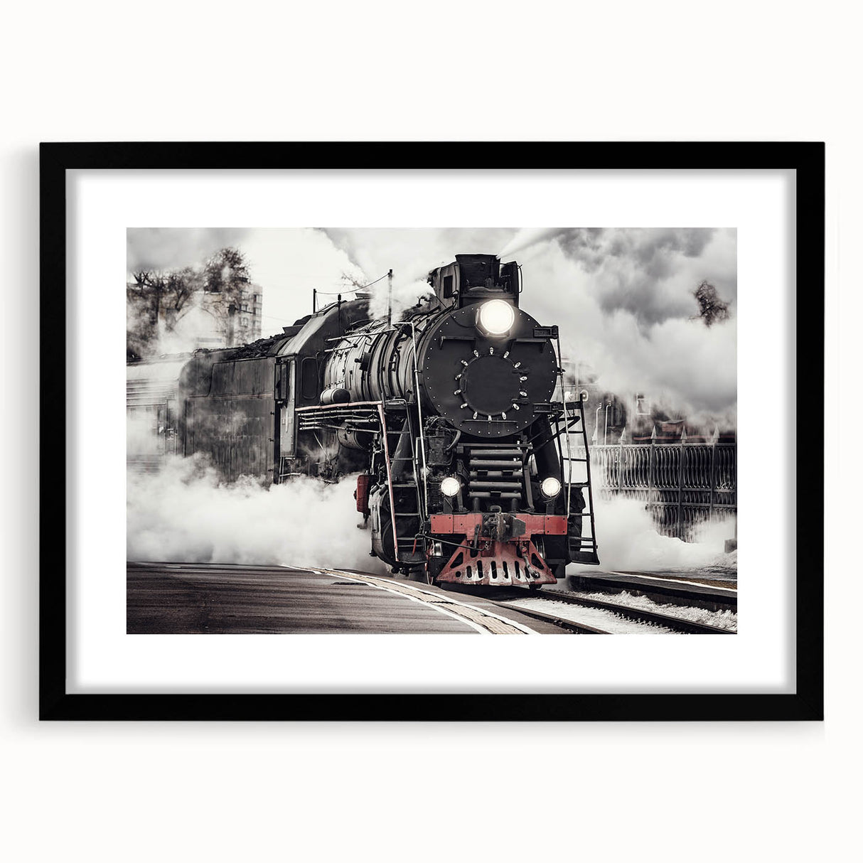 Abstract art print of a colorful train, featuring vibrant primary colors on a textured, extra large canvas.