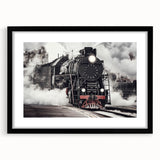 Abstract art print of a colorful train, featuring vibrant primary colors on a textured, extra large canvas.
