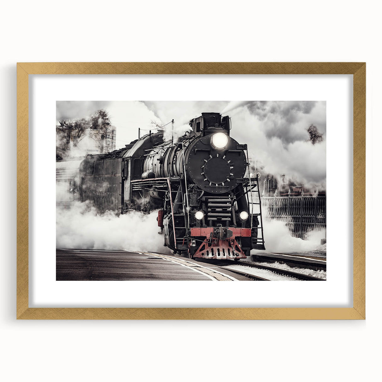 Extra large abstract art print of a stylized train, in textured gold and black tones, framed with a gold mat.