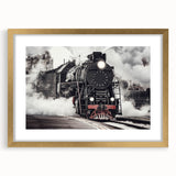 Extra large abstract art print of a stylized train, in textured gold and black tones, framed with a gold mat.