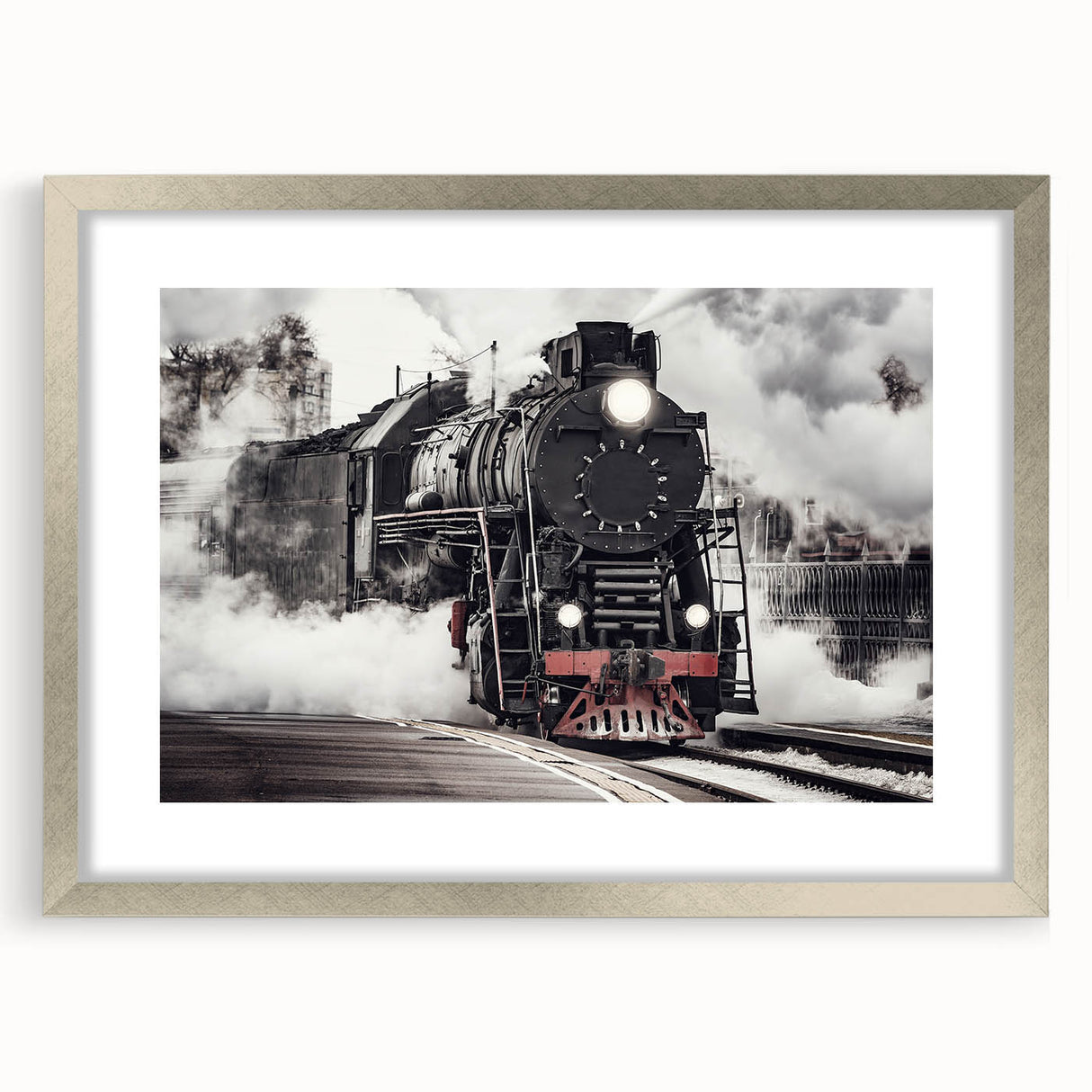 Textured art print of an abstract train in muted gray and silver tones on a framed canvas, suited for bedroom decor.