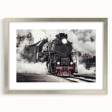 Textured art print of an abstract train in muted gray and silver tones on a framed canvas, suited for bedroom decor.