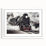 Abstract art print of a stylized train in muted grays and blues, framed with a white mat.
