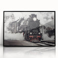 Large abstract wall art of a train in muted gray and blue tones, acrylic print in a black frame.