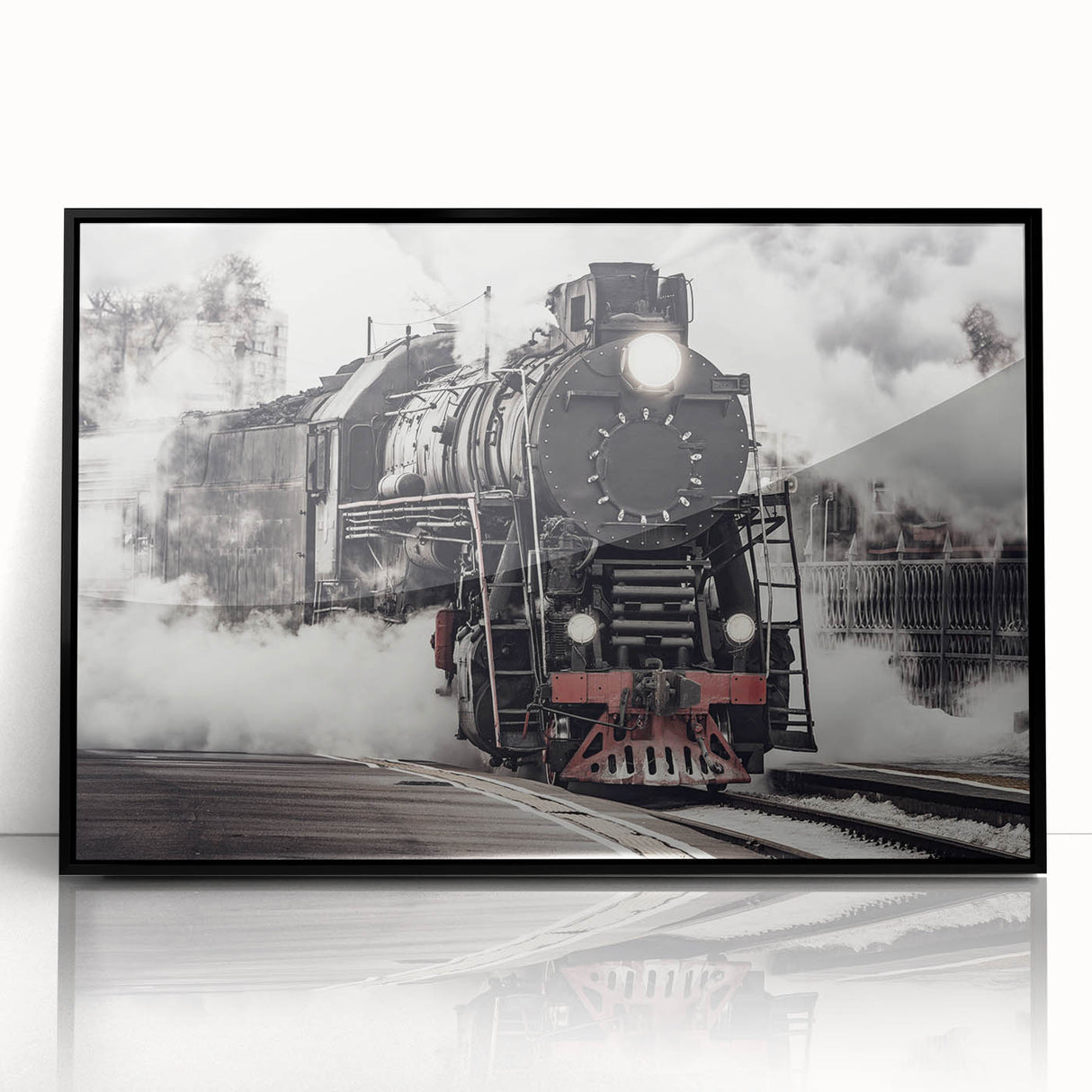 Large abstract wall art of a train in muted gray and blue tones, acrylic print in a black frame.