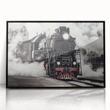 Large abstract wall art of a train in muted gray and blue tones, acrylic print in a black frame.