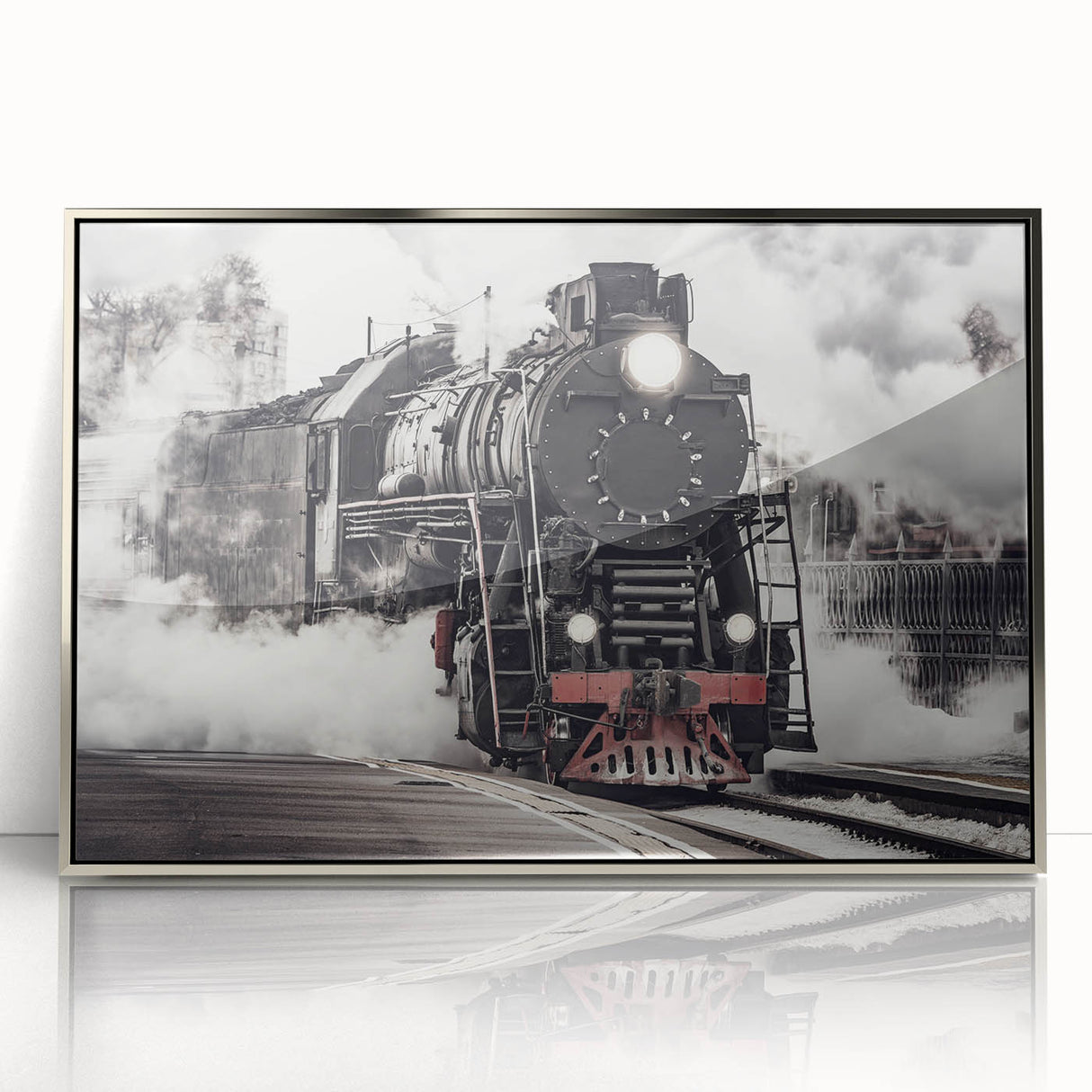 Mid-century modernist train illustration in silver frame, pastel blue and gray shades, perfect for nursery wall art.
