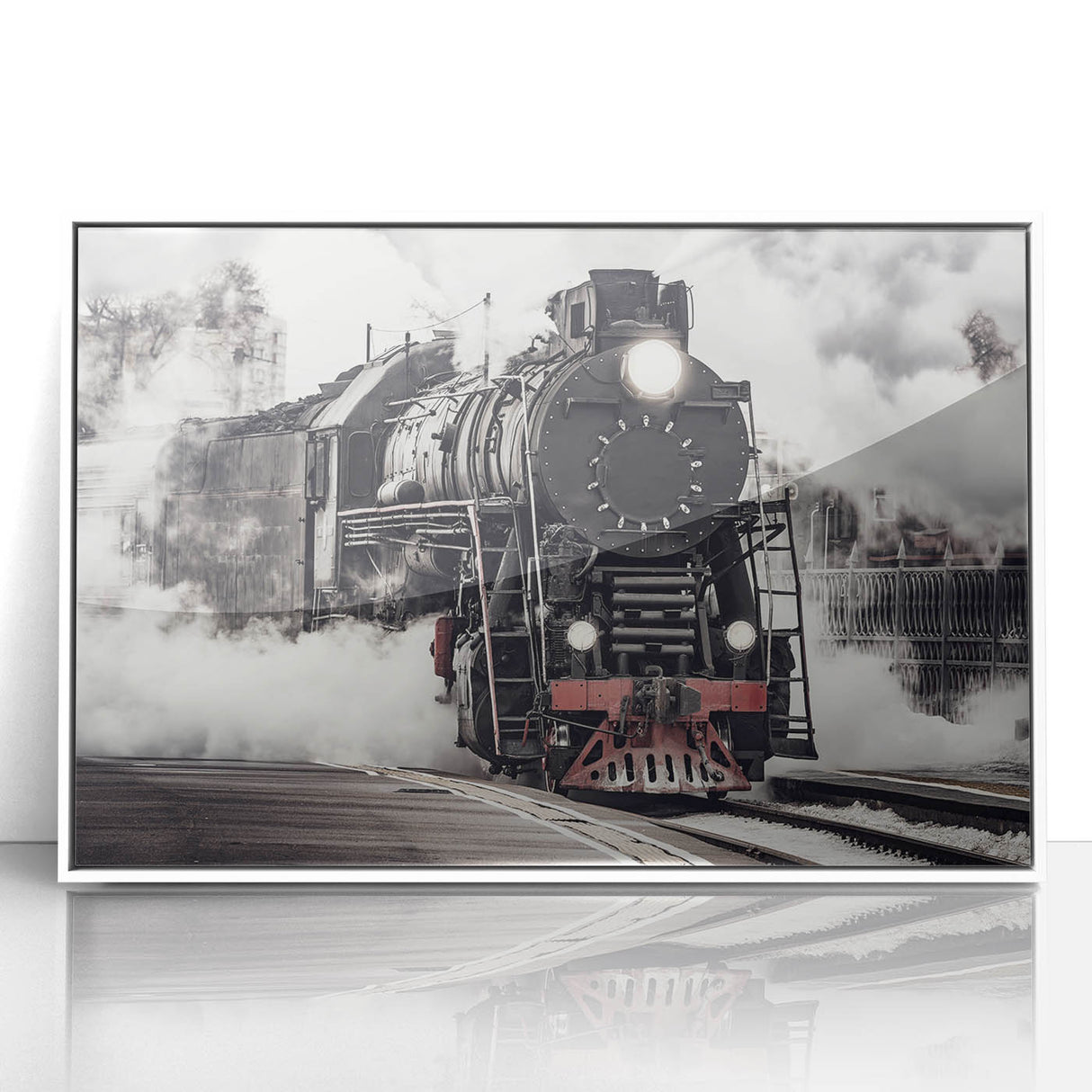 Art deco style train poster in muted gray and blue tones, framed acrylic, ideal for nursery wall art.