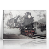 Art deco style train poster in muted gray and blue tones, framed acrylic, ideal for nursery wall art.
