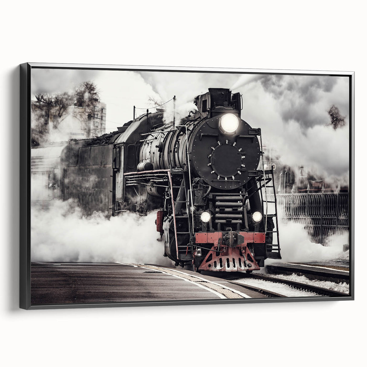 Black and white framed canvas featuring a vintage train landscape, ideal for bedroom wall art.