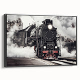 Black and white framed canvas featuring a vintage train landscape, ideal for bedroom wall art.