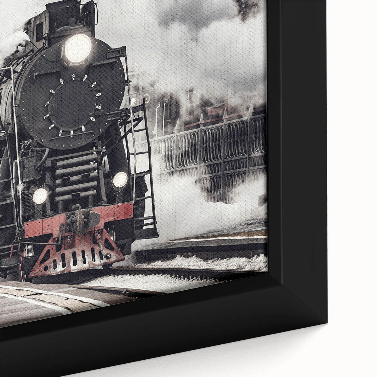 Extra large framed canvas featuring a textured, colorful train illustration on a black background.