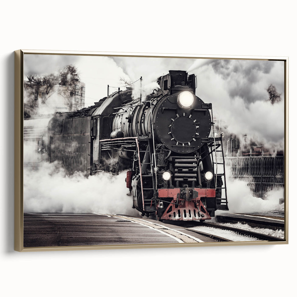 Framed canvas depicting a vintage train in a landscape, utilizing black and gold tones, ideal for bedroom wall art.