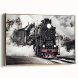 Framed canvas depicting a vintage train in a landscape, utilizing black and gold tones, ideal for bedroom wall art.