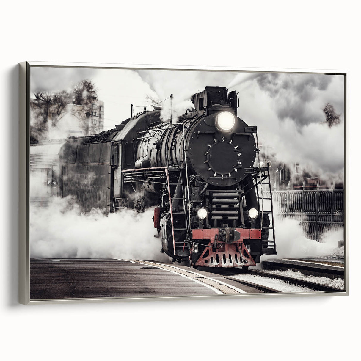 Vintage poster art of a colorful train on a black background, framed canvas, ideal for office decor.
