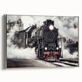 Vintage poster art of a colorful train on a black background, framed canvas, ideal for office decor.