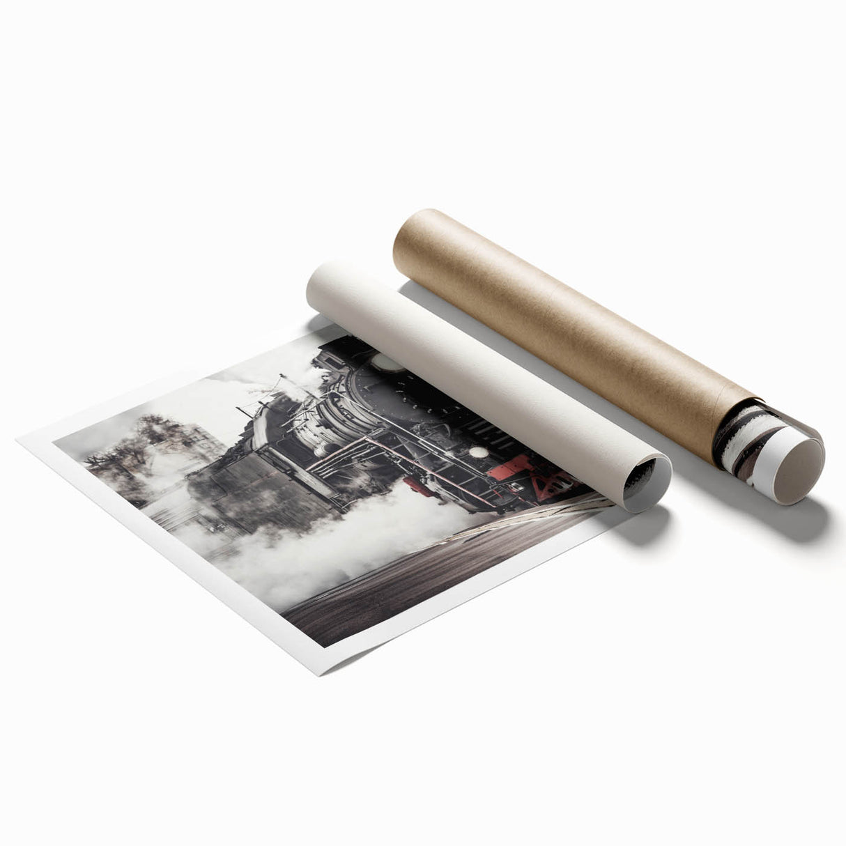 Extra large rolled print of a vintage train in muted earth tones, ideal for classy bathroom wall art.