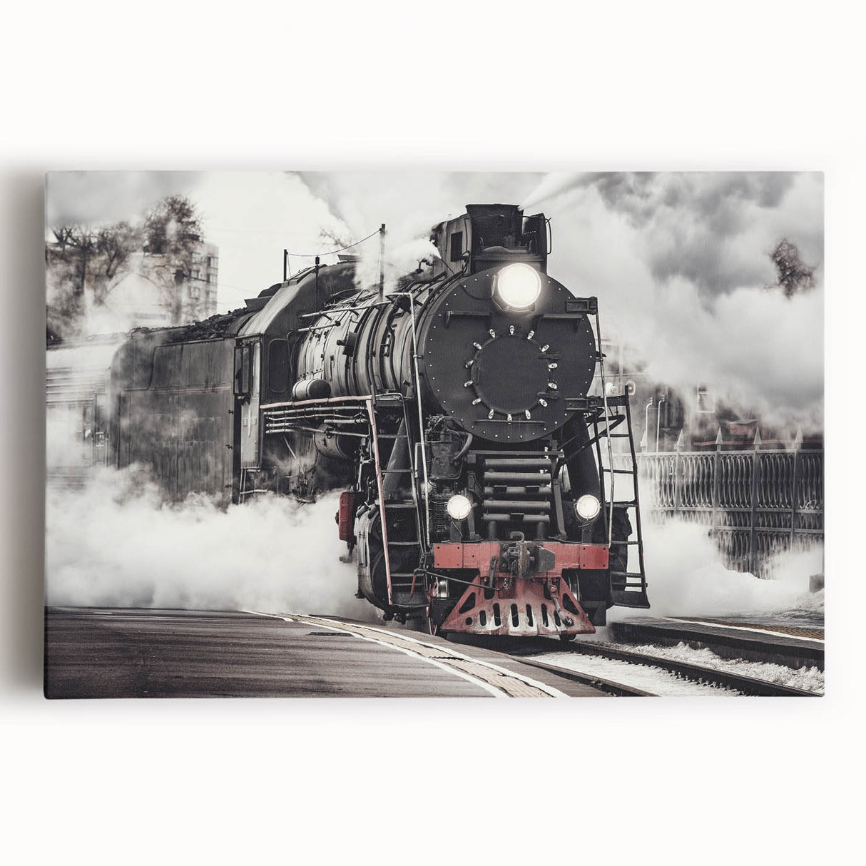 Black and white photograph of a vintage train on stretched canvas, suitable as large kitchen wall art or bedroom decor.