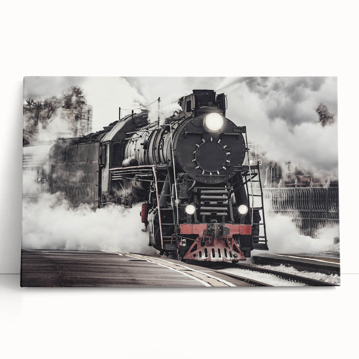 Black and white photo of a vintage train on stretched canvas, suitable as large kitchen wall art.