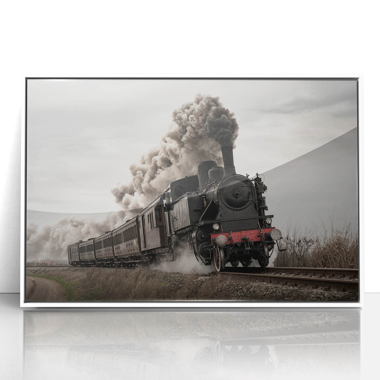Art deco train poster in black and white, framed acrylic, ideal for modern nursery wall art.