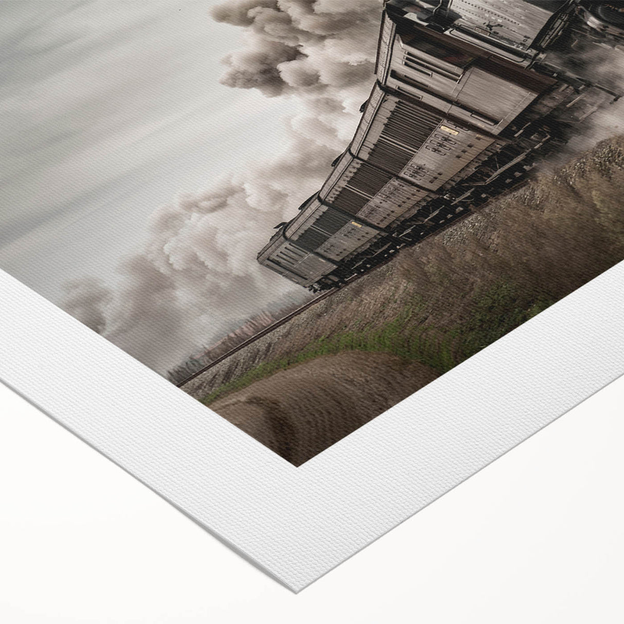 Art deco poster of a streamlined train in monochrome shades, printed on rolled canvas, suitable for dining room decor.