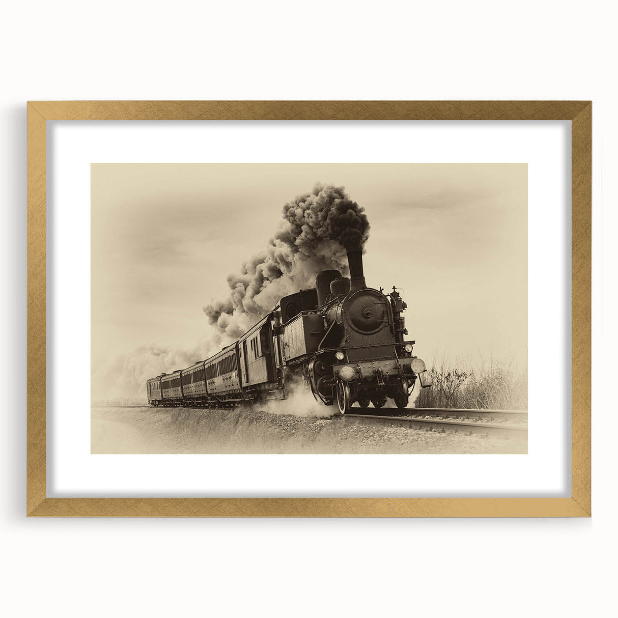 Extra large abstract art print of a train in muted gray and gold tones on a textured canvas, ideal for living room decor.