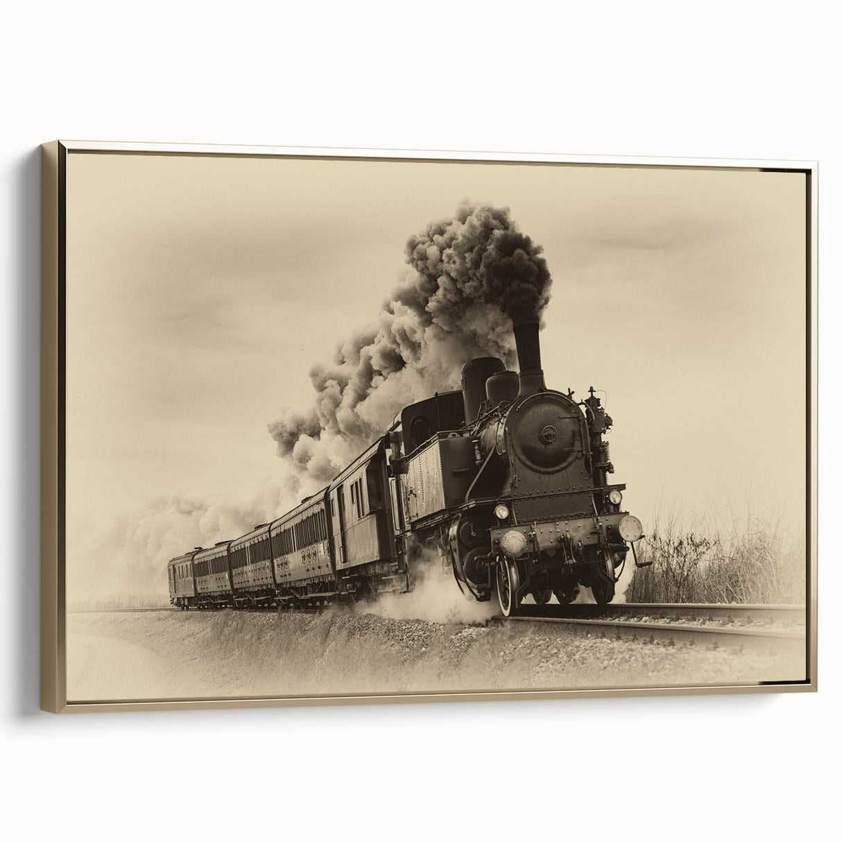 Framed canvas of a vintage black train on a landscape background, ideal for bedroom wall art.