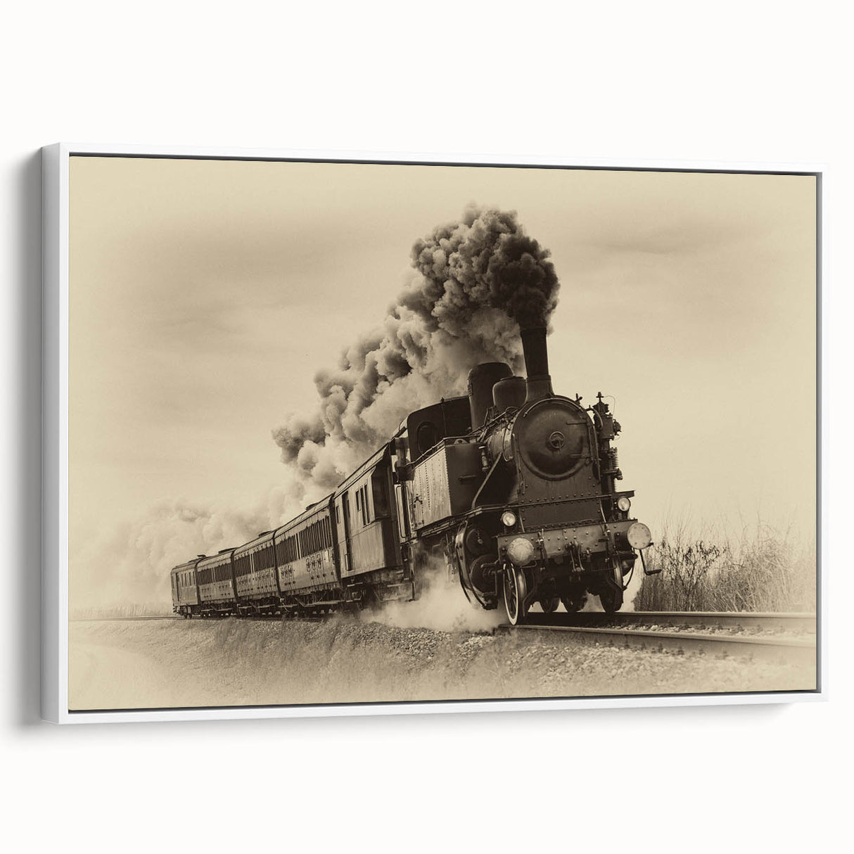 Vintage poster art of a colorful train on a black background, presented in a large white-framed canvas.