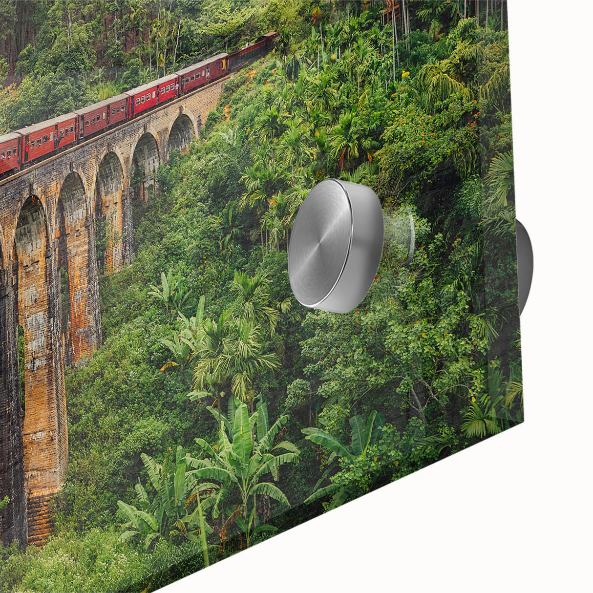 Mid-century modernist art of a train in muted earth tones on large acrylic glass, ideal for dining room art.