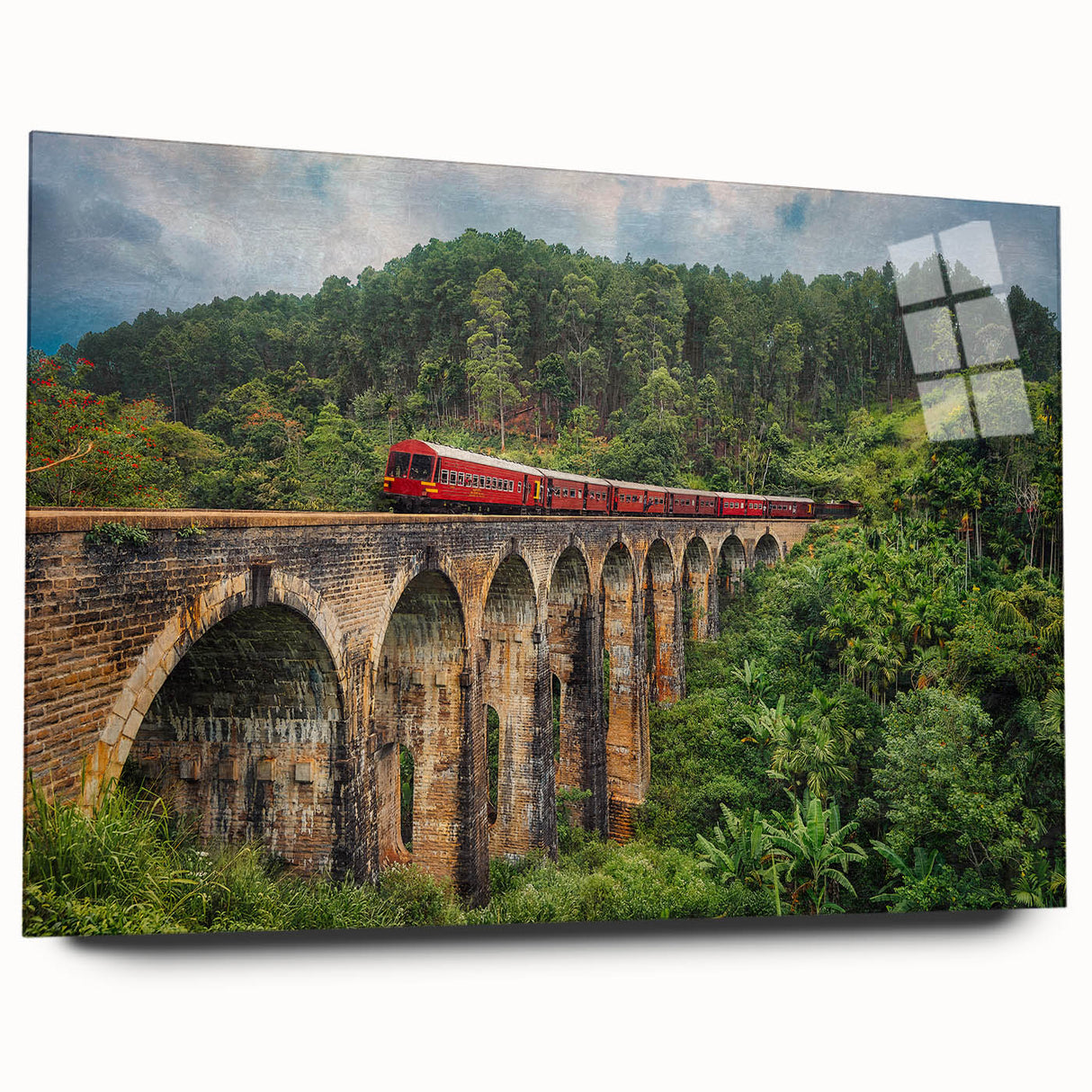 Side view of a large abstract train print in vibrant colors on acrylic glass, ideal for bedroom or dining room art.