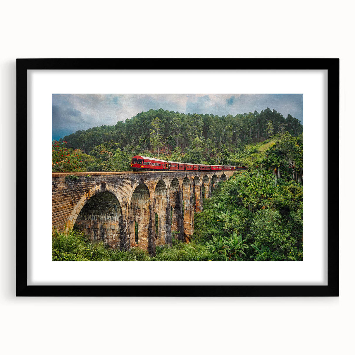 Extra large abstract art print of a colorful, textured train, framed in black, ideal for living room decor.