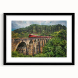 Extra large abstract art print of a colorful, textured train, framed in black, ideal for living room decor.