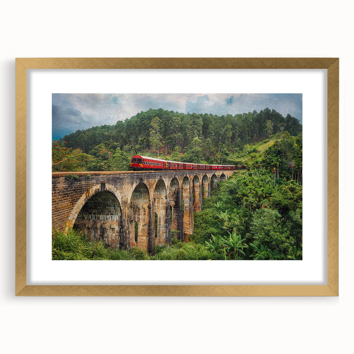 Extra large abstract art print of a stylized train in textured gray and gold tones on a framed canvas.