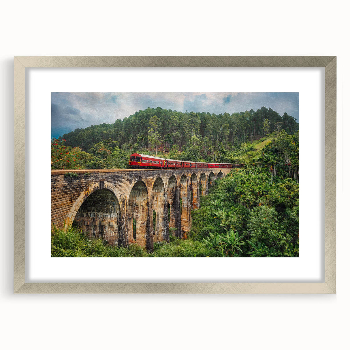 Textured abstract art print of a stylized train in silver and gray tones on a framed mat, ideal for bedroom art.