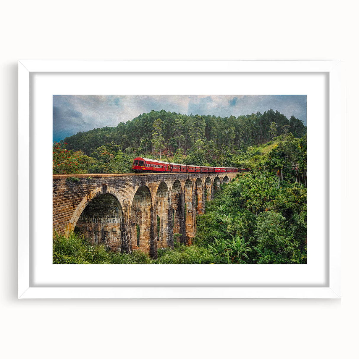 Abstract art print of a train in muted gray and blue tones on a white framed canvas, suitable for dining room decor.