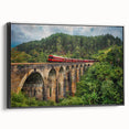 Black and white vintage poster art of a train landscape on framed canvas, ideal for bedroom wall decor.