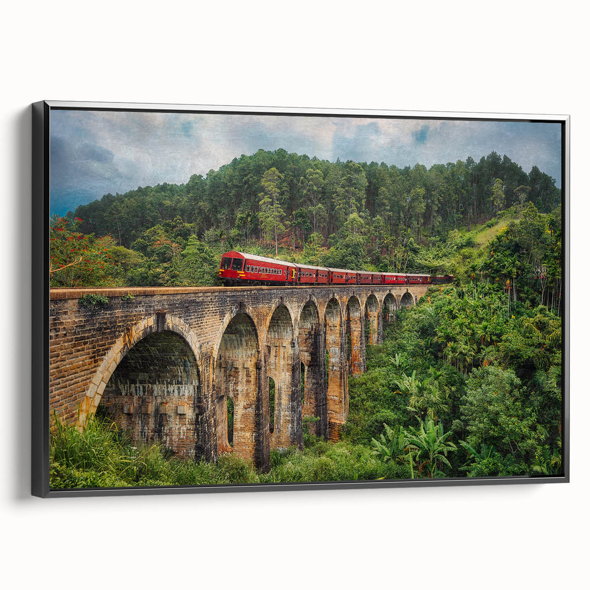 Black and white vintage poster art of a train landscape on framed canvas, ideal for bedroom wall decor.