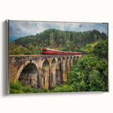 Framed canvas featuring a vintage train in black with colorful landscape background, ideal for home office decor.