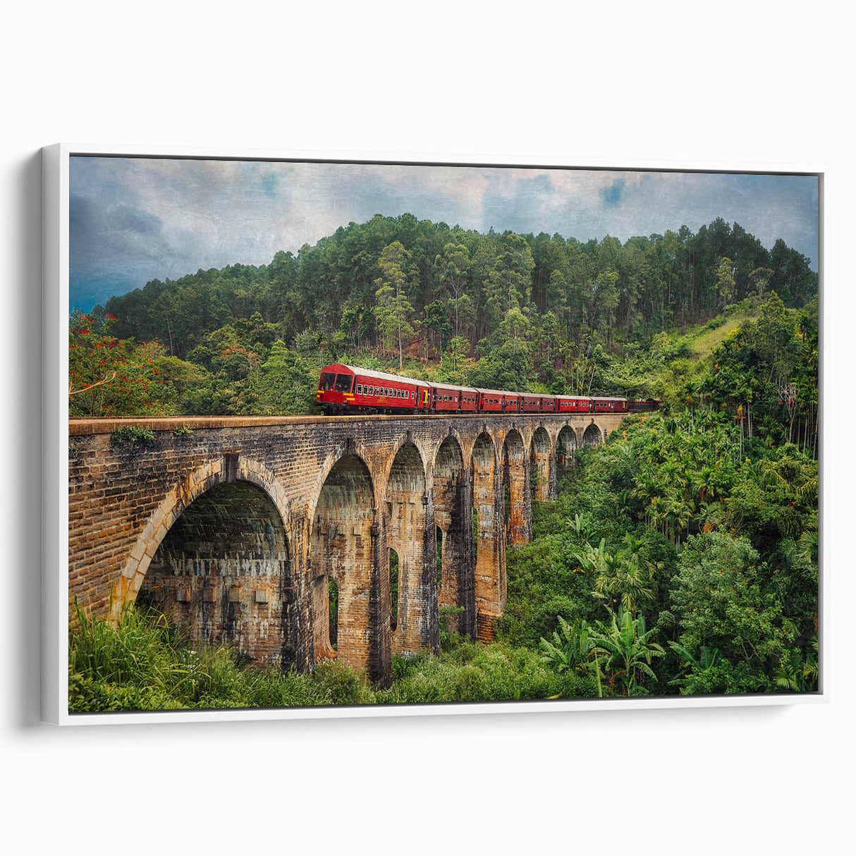 Vintage poster art of a colorful train on a black background, framed canvas, ideal for living room decor.