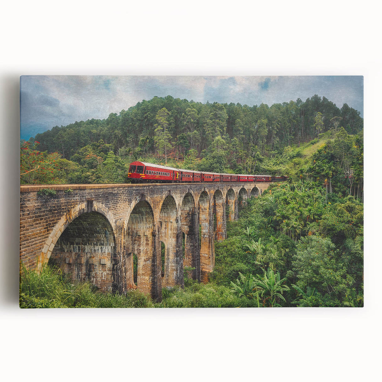 Black and white photo of a vintage train on stretched canvas, suited for kitchen or bedroom decor.
