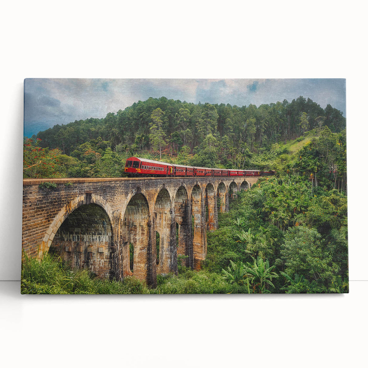 Black and white photo of a vintage train on stretched canvas, ideal for kitchen wall art.