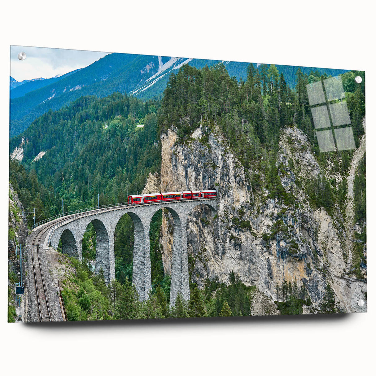 Side view of a train in muted gray and blue tones on acrylic glass, suitable for bedroom or dining room decor.