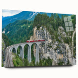 Side view of a large abstract train print on acrylic glass, featuring gray and blue tones.