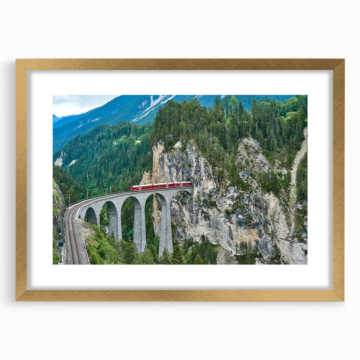 Extra large abstract art print of a train in textured black and white, framed in gold, ideal for living room decor.
