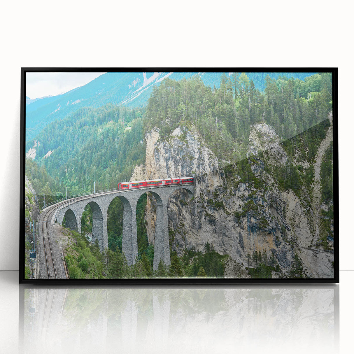 Large abstract wall art of a stylized train in black and white, framed acrylic, ideal for modern art wall decor.