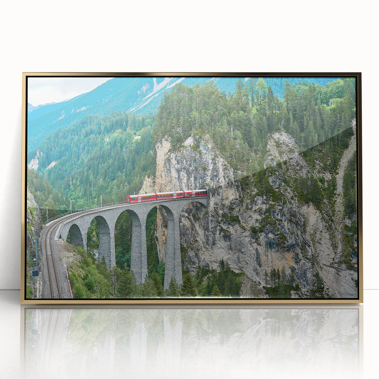Mid-century modernist train illustration in muted earth tones on a framed acrylic, ideal for nursery wall decor.