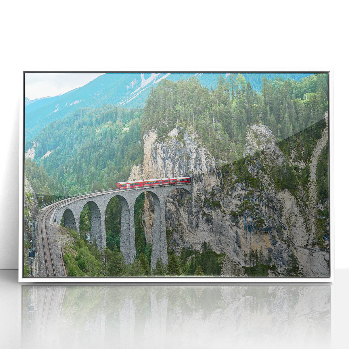 Art Deco-style train poster in pastel colors on white acrylic, framed, ideal for nursery wall art.