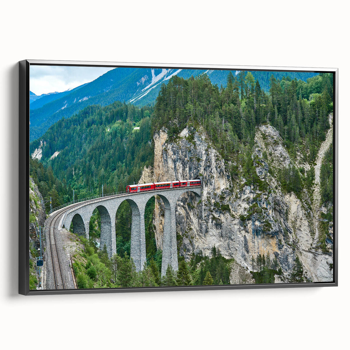 Black and white vintage train poster art on framed canvas, ideal for bedroom wall decor.