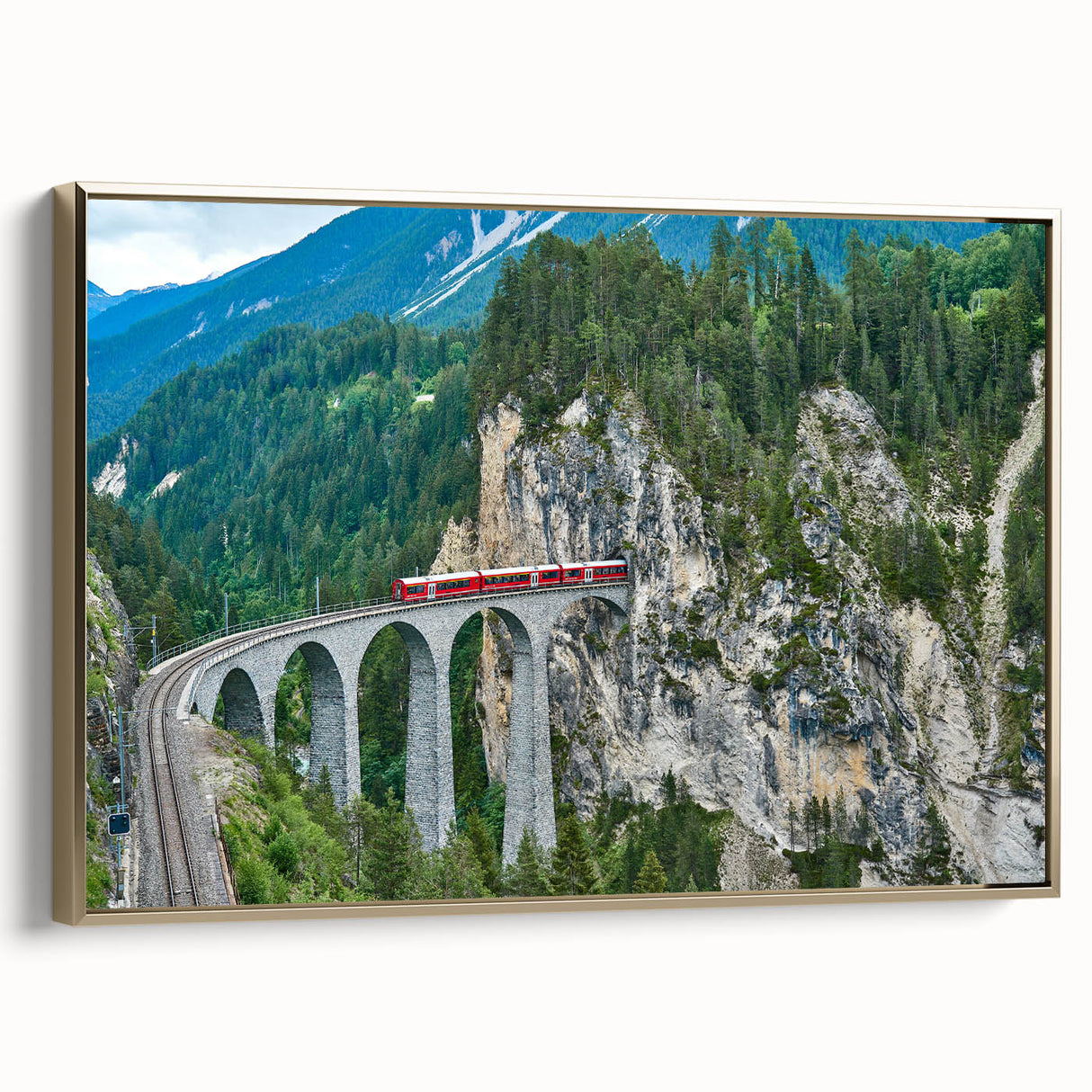 Vintage train landscape painting on framed gold canvas, featuring dark hues, ideal for bedroom wall decor.